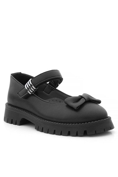Rakerplus Black Matte Thick Sole Metal Detailed Velcro Girls' Ballerinas