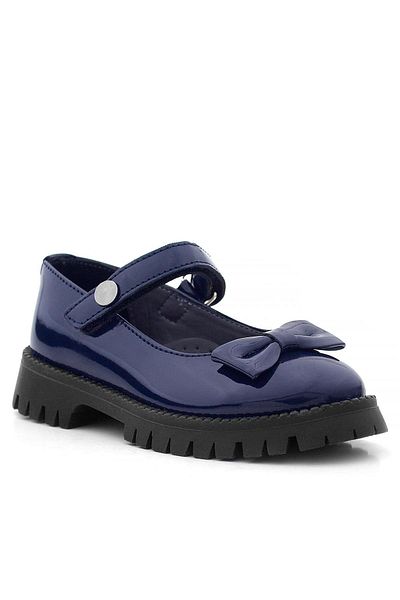 Rakerplus Navy Blue Patent Leather Velcro Thick Sole Metal Detailed Girls' School Shoes