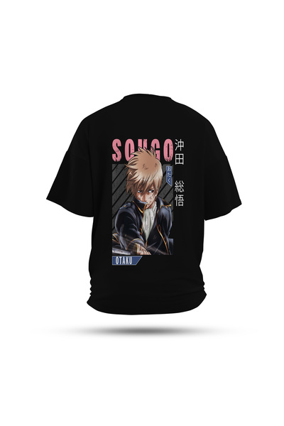 Zestia تي شيرت للجنسين، طباعة خلفية جينتاما أنمي، عادي، 100% قطن، تي شيرت أسود رقم: 00131