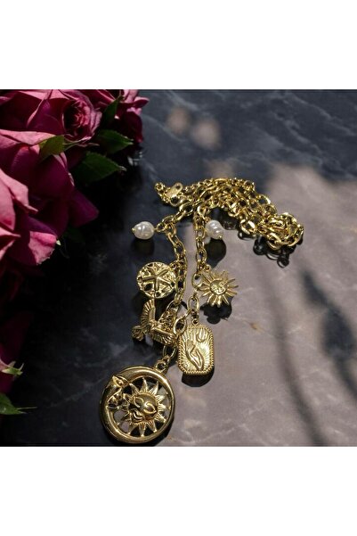 rafiel Altın Rengi Çelik Zirkon Charm Kolye | Göksel Figürler (Güneş, Ay, Kuş...