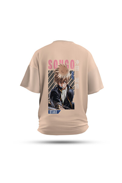 Zestia تي شيرت للجنسين، طباعة خلفية جينتاما أنمي، عادي، 100% قطن، كريمي رقم: 00131