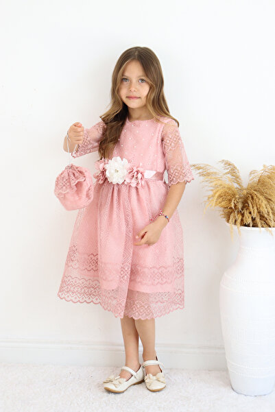 FESSHERA 💜   Σετ φόρεμα με δαντέλα με μαργαριτάρια για κορίτσια (περιλαμβάνεται τσάντα + ζώνη) 💜