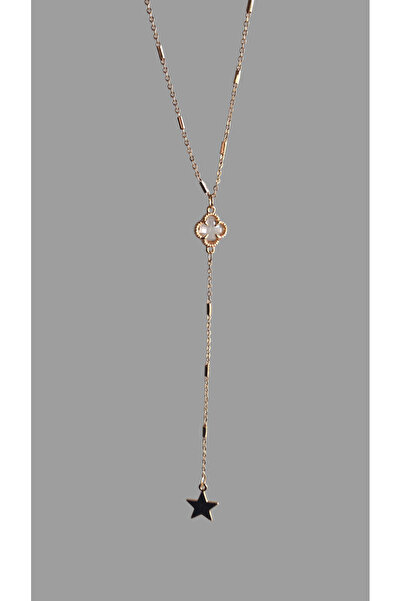 AurorAccessory Gold Çubuk Zincirli Yonca Figürlü Sallantılı Yıldız Y Kolye De...