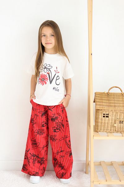 FESSHERA 🌸   Girl''Love # Life'' Printed T-Shirt & Striped Patterned Loose Trousers Set 🌸