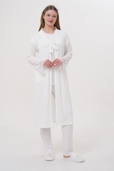 Mecit Pijama Mecit 1541 Ecru Long Maternity Pajama Set with Dressing Gown