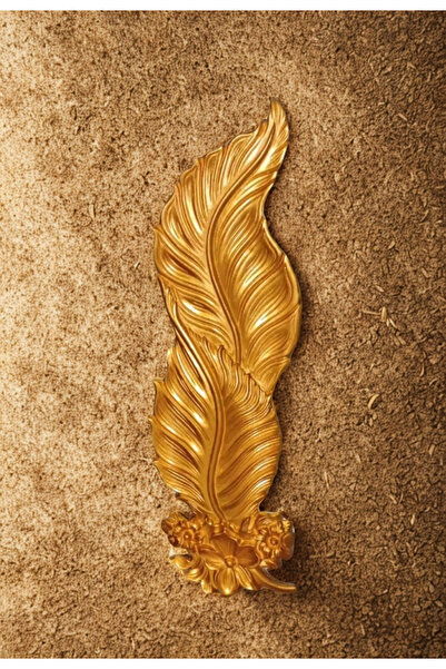 İki Cadı Tasarım Led Aydınlatmalı Tüy Aplik, Güllü Yaprak Aplik, Gold-Altın Renkli 85cm Dev Boy Tüy Aplik