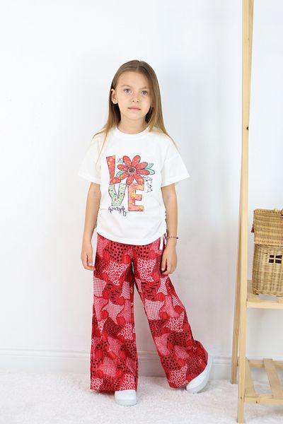 FESSHERA 🌸   Girls'''Love Yourself'' Printed T-Shirt and Geometric Ethnic Pattern Wide Leg Pants Set