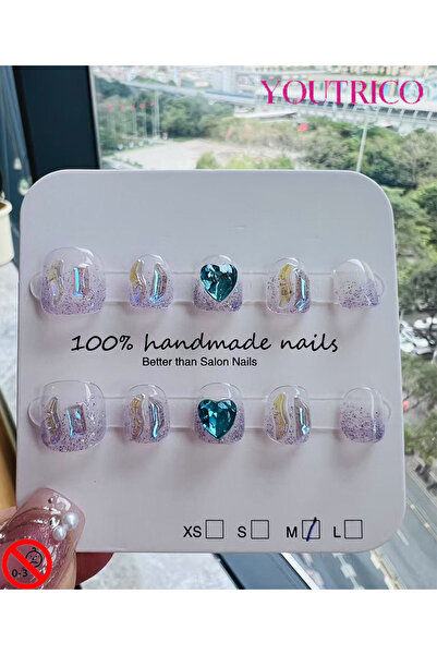 Youtrico أظافر أطفال لاصقة مصنوعة يدويًا 100%، لون أخضر كرتوني، آمنة للأطفال ...