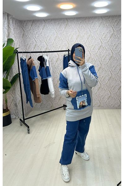 zümrüt moda Hooded Tunic and Trousers with Denim Detail - Winter Jeans Set 1769