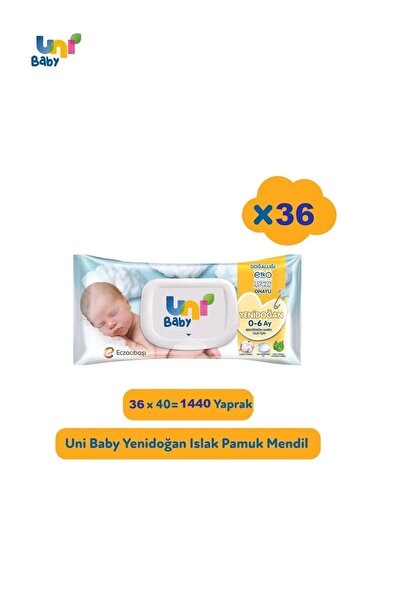 Uni Baby Yenidoğan Islak Pamuk Mendil 36 Lı Paket (1.440 YAPRAK)