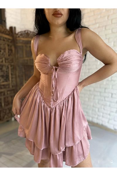 moneta boutique Women's Strappy Corset Look Buttoned Front Mini Design Dress
