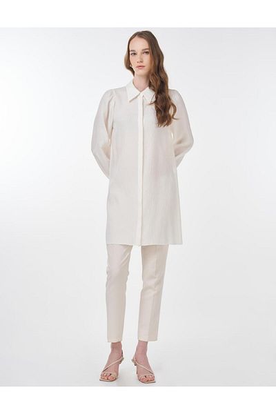 Kayra Shirt Collar Crinkle Tunic Cream