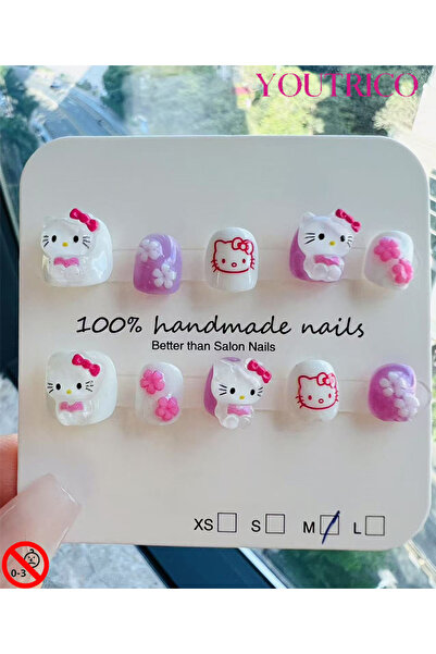 Youtrico أظافر أطفال لاصقة مصنوعة يدويًا بنسبة 100%، بتصميم هيلو كيتي كاواي ب...