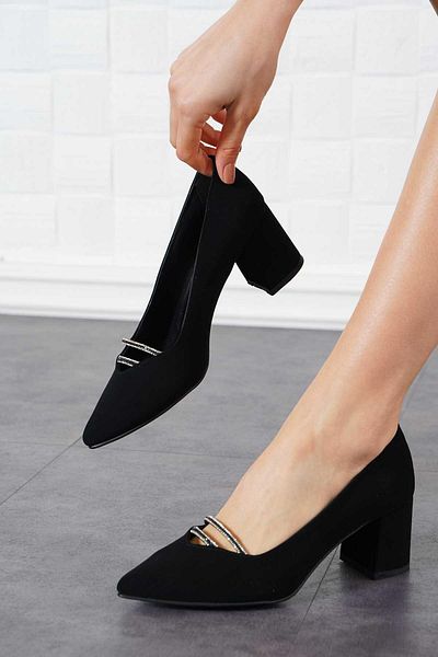 Moda Pie Pantofi cu toc Ralpe Double Stripe Stone pentru femei din piele intoarsa neagra
