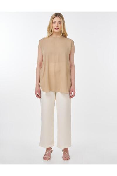 Kayra Sıfır Yaka Basic T-Shirt Bej