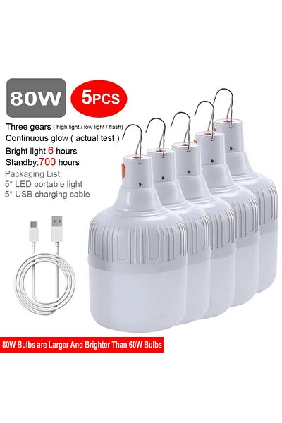 CHEGIT 80 واط - ضوء أبيض - 5 قطع مصابيح تخييم قابلة لإعادة الشحن عبر USB - فانوس LED محمول - مصباح طوارئ