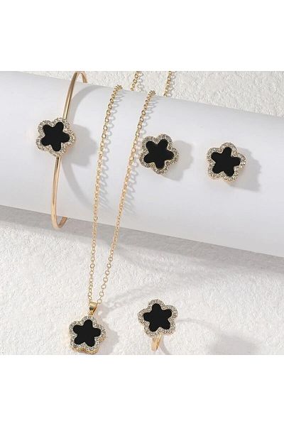 Choice SKU1 4 PCS Set Flower Shape Pendant Earring Ring Bangle Set Crystal Stone Necklace Earring Stud Cuff