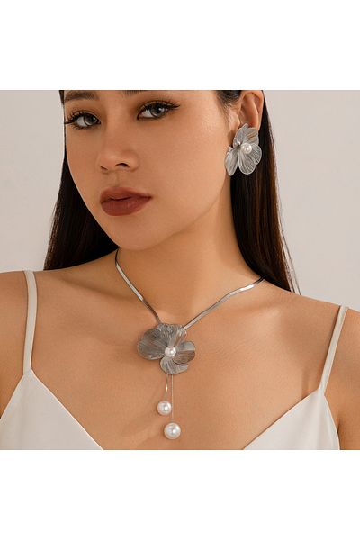 Choice Silver Color Ingemark Romantic Flower Petal Imitation Pearl Pendant Choker Necklace Stud Earrings Wo