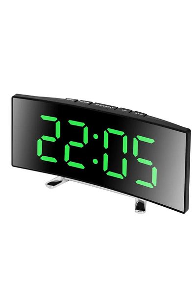 Choice green Creative Curved Electronic Clock, LED Large Screen Plug-in Battery Dual-purpose Mirror Alarm C