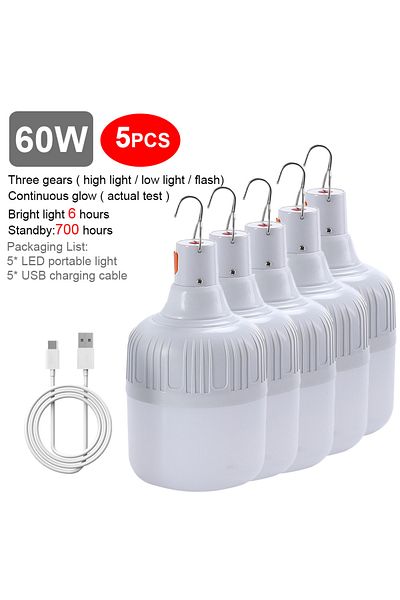 CHEGIT 60 واط - ضوء أبيض - 5 قطع مصابيح تخييم قابلة لإعادة الشحن عبر USB - فانوس LED محمول - مصباح طوارئ