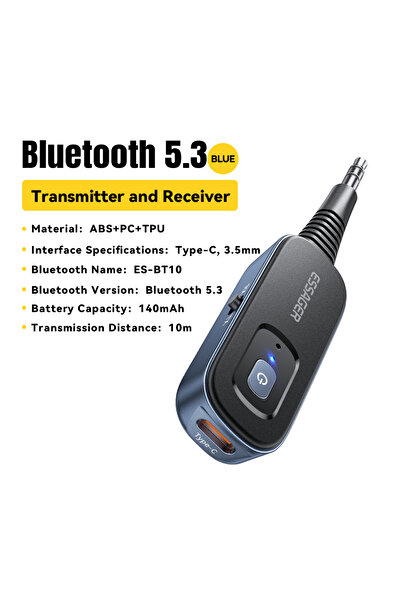 Choice جهاز إرسال واستقبال لاسلكي 2 في 1 من Essager باللون الأزرق مزود بتقنية البلوتوث 5.1 ومقبس 3.5 مم للسيارة وموسيقى الصوت ومنفذ AUX