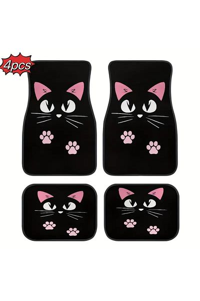 Choice black 4 PCS Car Retro Cartoon Cat Black Nordic Windmill Carpet Four-piece Anti-fouling Floor Mat