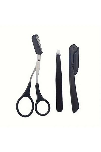 Choice black 3 pieces stainless steel eyebrow trimming kit, scissors with comb, eyebrow trimmer, tweezers,