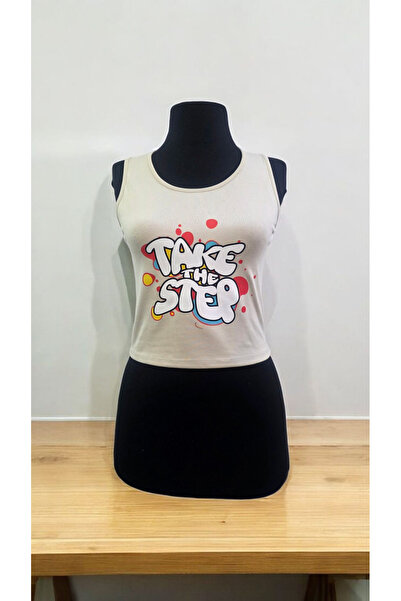 AHMERA Women's Cream Slim Fit Thick Strap Crop Text Printed T-Shirt