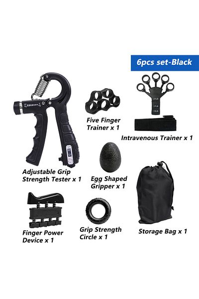 Choice 6PCS Set-Black 5-60Kg Adjustable Grip Strength Trainer with Finger Exerciser Hand Grip Strengthener