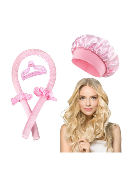 Choice وردي مع غطاء، قضيب تجعيد الشعر بدون حرارة، عصابة رأس، بونيه ساتان، مجموعة تجعيد الشعر بدون حرارة، بكرات شعر ناعمة C