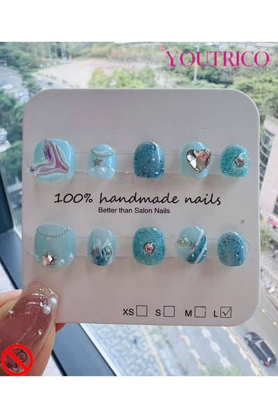 Youtrico أظافر أطفال لاصقة مصنوعة يدويًا 100%، لون أخضر كرتوني، آمنة للأطفال ...