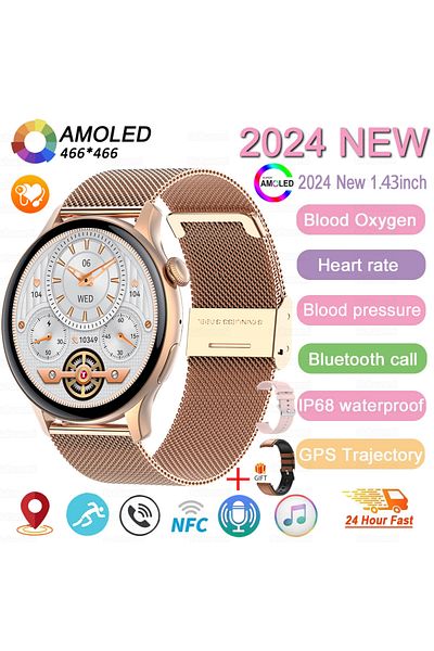 Choice NFC Gold Mesh Belt 2 2024 New GPS Smart Watch Women True AMOLED 466*466 HD Screen Health Tracker Spo