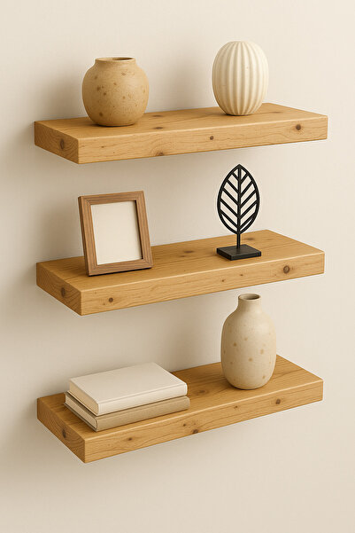 Prestij Banyo 50 Cm Masif Çam Ahşap 3'lü Uçan Raf | Dekoratif Kitaplık, Çiçek...
