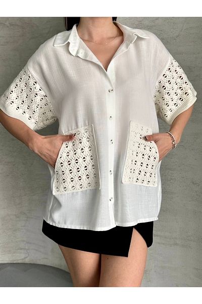 HandCo White Linen Lace Detailed Shirt Lace Pocket Sleeve