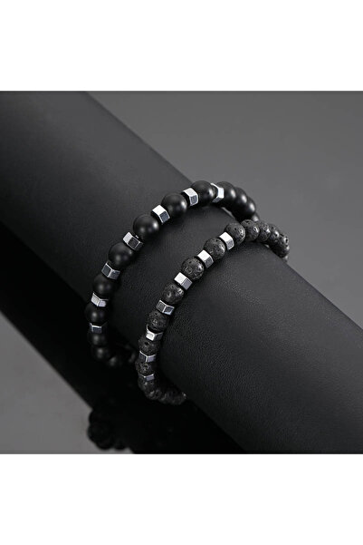 Choice مجموعة أساور رجالية من الذهب الأصفر الفاتح الجديد، مرصعة بحجر بركاني أ...