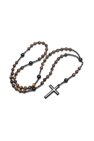 Choice 70cm yellow Natural Stone Tiger-eye Beads Hematite Cross Pendant Necklace for Men and Women Rosary J