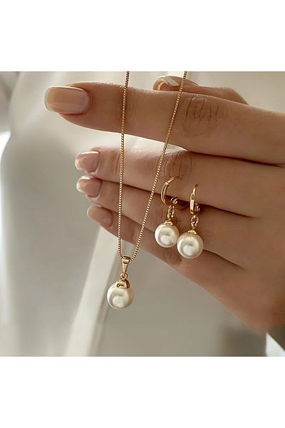 Choice Gold-color Vintage Jewelry Set Stylish Simple Necklace and Earrings Set with Imitation Pearl Pendant