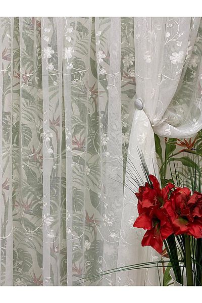 Liz Line Perdea alba cu flori albe, din in, colectia "Inna" by Liz Line, 700x245cm, cu rejansa - RD1907