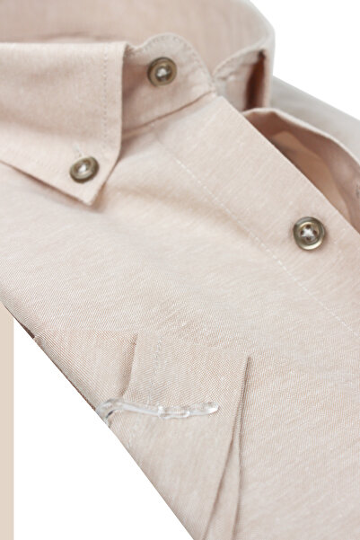 Varetta Men's Caramel Cream Color Short Sleeve Wide Cut Pocket Lapel Button Cotton Shirt