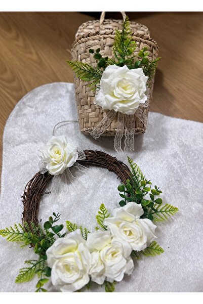 Marrone Güllü Kapı Seti 3'lü takım Paspas Kapı Süsü Sepet