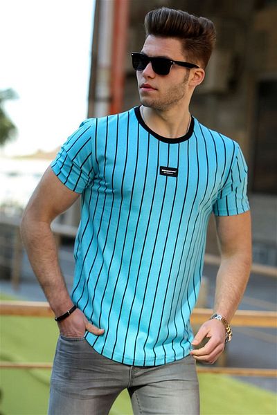 Madmext Tricou pentru bărbați cu dungi albastre 4522