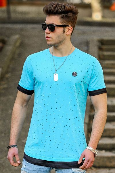 Madmext Tricou pentru bărbați cu detalii rupte turcoaz 4489
