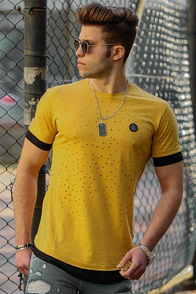 Madmext Ανδρικό T-Shirt με κίτρινο σκίσιμο με λεπτομέρειες 4489