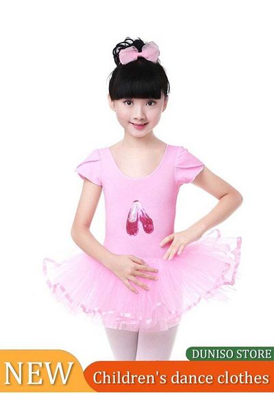 Generic Girls Ballet Short Sleeve Dresses with Ballerina Tutu Outfit Cotton Dress Ballet Skirt Dresses Dance