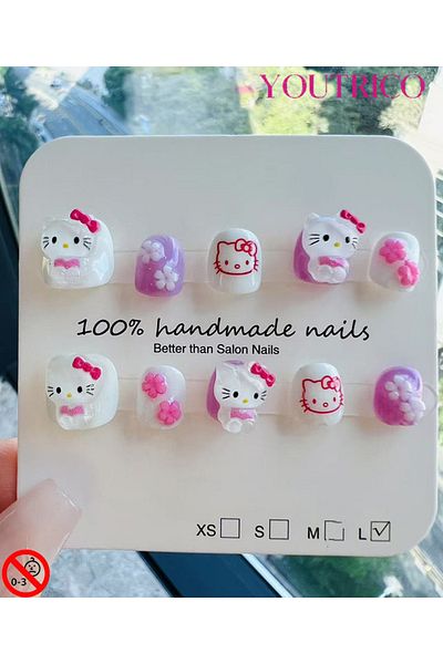 Youtrico Kid Press-on Nails 100% Handmade Kawaii Hello Kitty Green, Safe for 3+ ,L