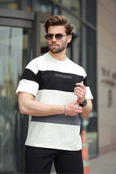 Madmext Black Oversize Color Blocked Crew Neck Printed T-Shirt 7025