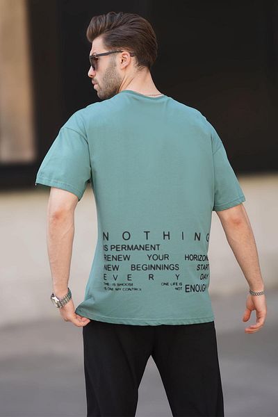 Madmext Ανδρικό μπλουζάκι Crew Neck Green Overfit - με στάμπα στην πλάτη, κοντό μανίκι 7037