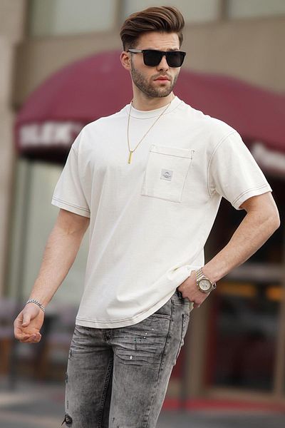 Madmext Tricou Ecru oversize pentru bărbați cu buzunar 7001