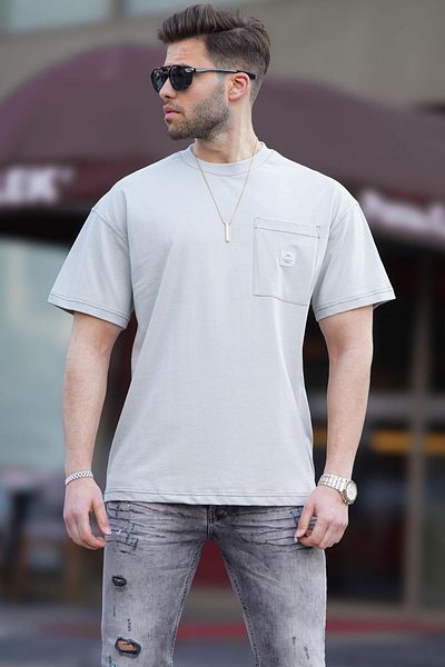 Madmext Βαμμένο γκρι ανδρικό μπλουζάκι Oversize με λεπτομέρεια τσέπης 7001