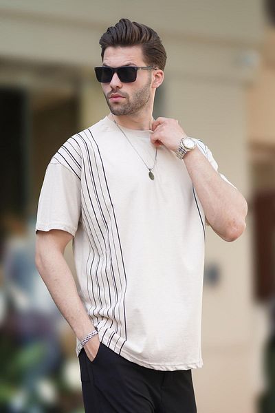 Madmext Μπλουζάκι Cotton Beige Overfit - Crew Neck, Γκρι Χρώμα Detailed 7038